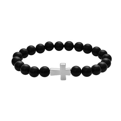 Stately Steel Men's Cross Design Beaded Stretch Bracelet - Silver