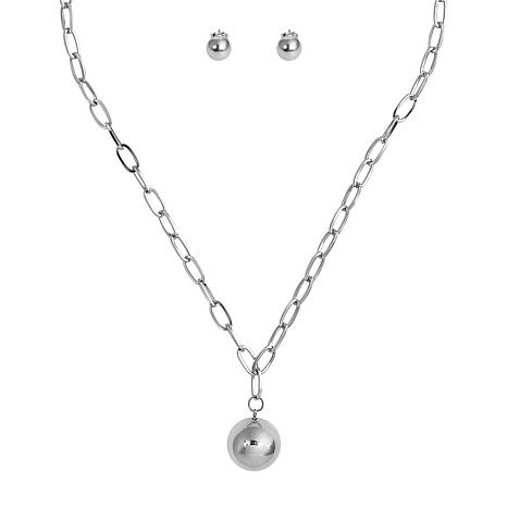 Stately Steel Polished Ball Oval Link Chain Necklace and Earring Set - Metallic