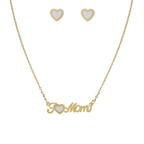 Stately Steel Stainless Steel "I ♥ Mom" Necklace and Heart Earring Set - Metallic