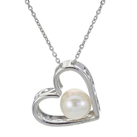 Sterling Silver 8-8.5mm Cultured Pearl Filigree Heart Pendant Necklace