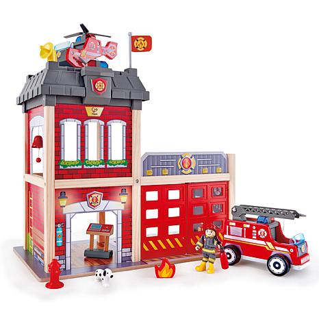 Hape City Fire Station Dollhouse Wooden 13 Piece Lights and Sounds Playset