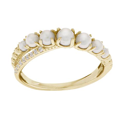 14K Gold 2-4mm Cultured Pearl and Diamond Band Ring - Yellow