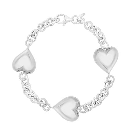 Royal Chain Sterling Silver Triple Puffed Heart Bracelet with Lobster Clasp