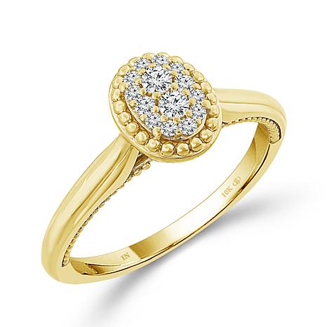IDD 10K Yellow Gold 1/8ctw Diamond Oval Center Bead Frame Engagement Ring - Gold - Size 7