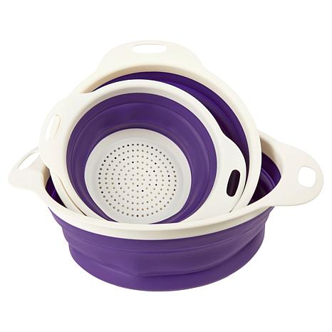 Joy Mangano Joy Eat Cleaner 3-piece Collapsible Antimicrobial Colander Set - Purple