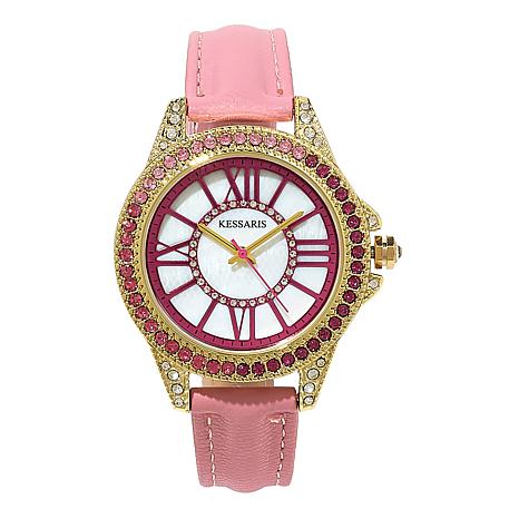 Kessaris Mother-of-Pearl Dial Ombre Stone Watch w/Faux Leather Strap - Pink