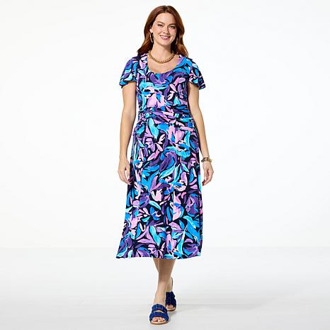 Colleen Lopez Printed Jersey Knit Dress with Shirred Waist – Blue – Size 1X