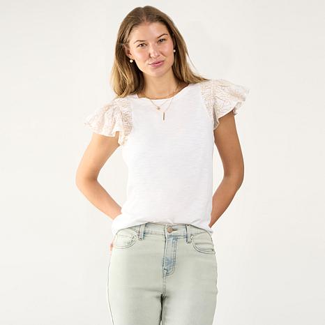 DG2 by Diane Gilman Ruched Eyelet Flutter-Sleeve Mixed Media Tee - White - Size X-Large