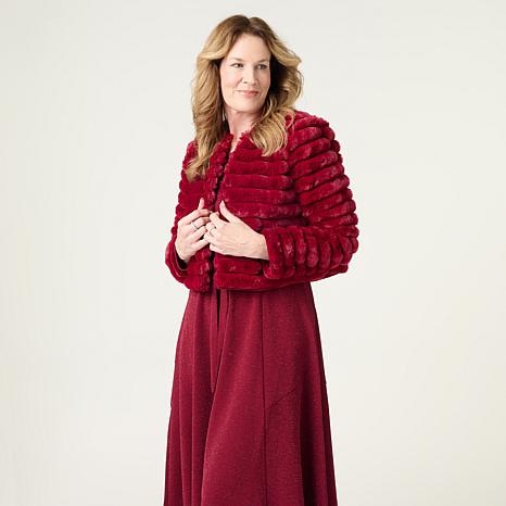 Nina Leonard Long Sleeve Faux Fur Bolero Top - Red - Size X-Small