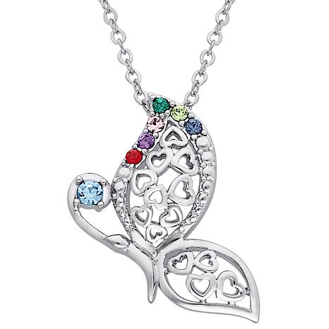 Sterling Silver Birthstone Family Butterfly Hearts Pendant Necklace - Metallic