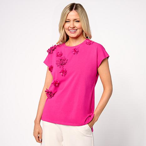 DG2 by Diane Gilman Floral Applique Embellished Top - Pink - Size Medium