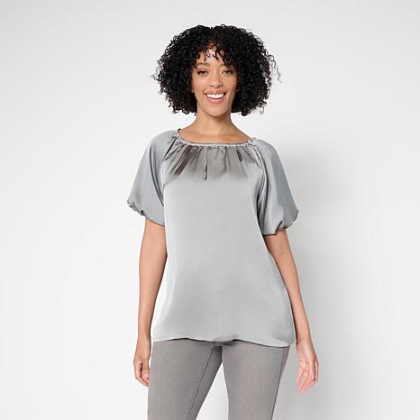 DG2 by Diane Gilman Hammered Satin Bubble Sleeve Top - Blue - Size Large