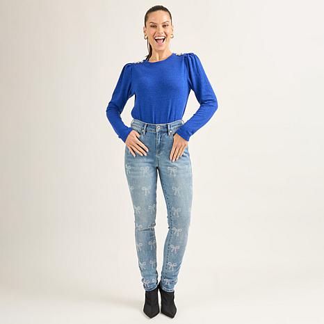DG2 by Diane Gilman Novelty Button Crew Neck Top - Blue - Size 3X