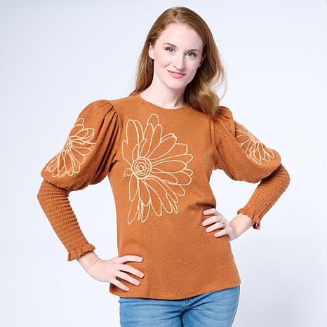 DG2 by Diane Gilman Embroidered Juliette-Sleeve Sweater - Brown - Size 2X