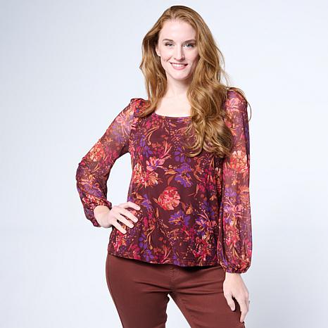 DG2 by Diane Gilman Printed Mesh Knit Lantern-Sleeve Top - Cabernet Floral - Size 2X