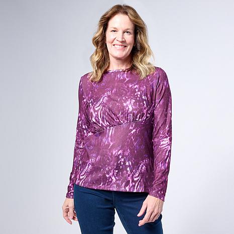 DG2 by Diane Gilman Ruched Asymmetric Seam Long Sleeve Top - Dark Purple Animal - Size X-Large