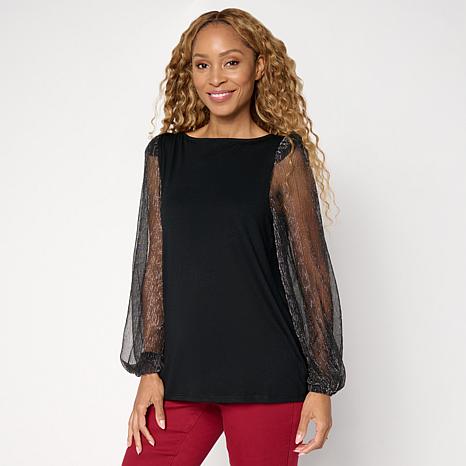 DG2 by Diane Gilman Plisse Sleeve Knit Top - Black - Size Medium
