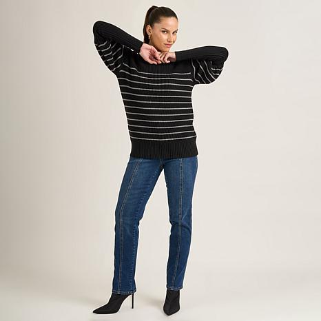 DG2 by Diane Gilman Rib Striped Knit Juliette-Sleeve Sweater - Black - Size X-Large
