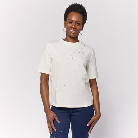 DG2 by Diane Gilman Cotton Jersey Embellished Crew-Neck Top - Brown - Size Medium