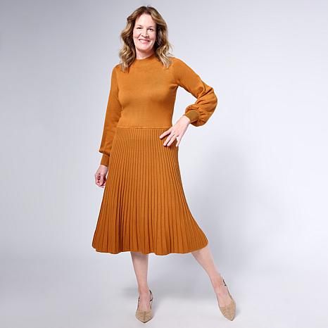 Mock Neck Sweater Knit Pleated Dress – Orange – Size 2X