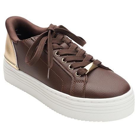 Joy Mangano Joy Performance Easy-On Easy-Off Leather Platform Comfort Sneakers - Brown - Size 9 1/2-w