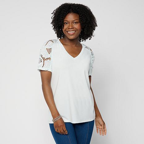 DG2 by Diane Gilman Everyday Jersey Eyelet Ruched Sleeve Top - Blue - Size 3X