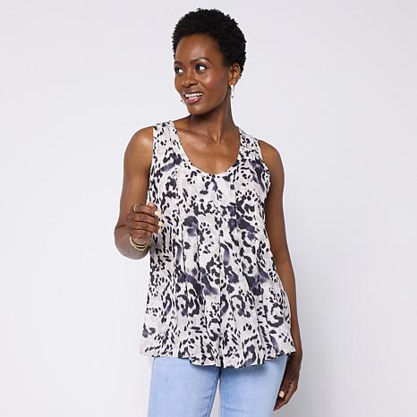 DG2 by Diane Gilman Mixed Media Pleated Front High-Low Tank - Ink Spots - Size Medium