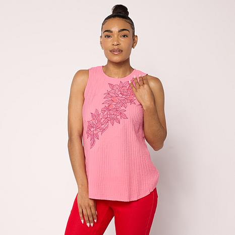 DG2 by Diane Gilman Crinkle Dobby Embroidered Tank - Pink - Size X-Small