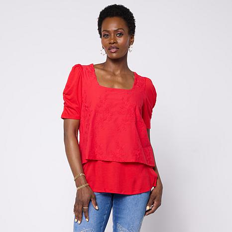 DG2 by Diane Gilman Embroidered Puff-Sleeve Square-Neck Top - Red - Size Small