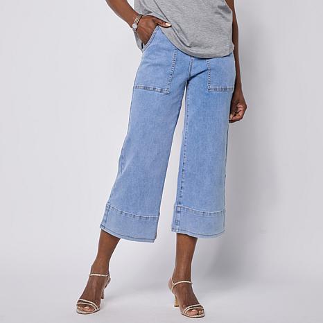 DG2 By Diane Gilman Legacy Stretch Denim Wide Leg Crop Pant - Blue - Size Petite Womans 18