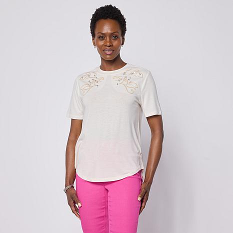 DG2 by Diane Gilman Everyday Jersey Embellished Crew Neck Tee - Blue - Size 3X