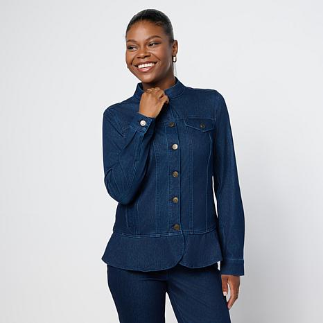 Nina Leonard Button-Front Stretch Knit Denim Jacket