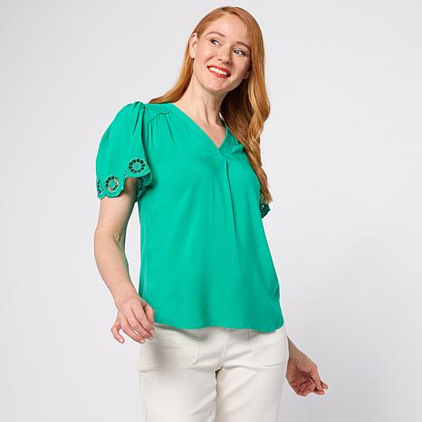DG2 by Diane Gilman Rayon Challis Eyelet Embroidered Flutter Sleeve - Green - Size 2X