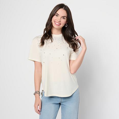 DG2 by Diane Gilman Jersey Embellished Shirttail Tee - Brown - Size Small