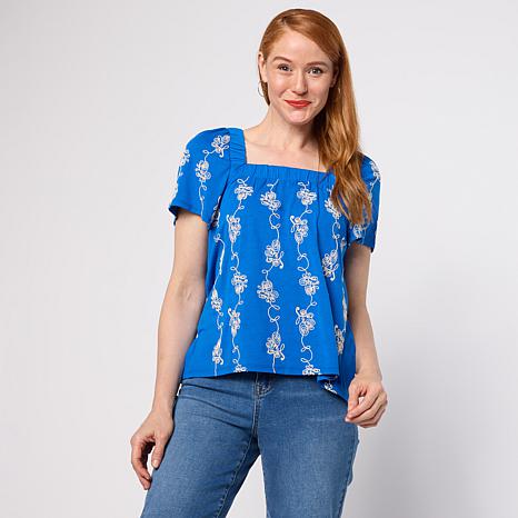 DG2 by Diane Gilman Cotton Jersey Embroidered Square Neck Top - Blue - Size 2X