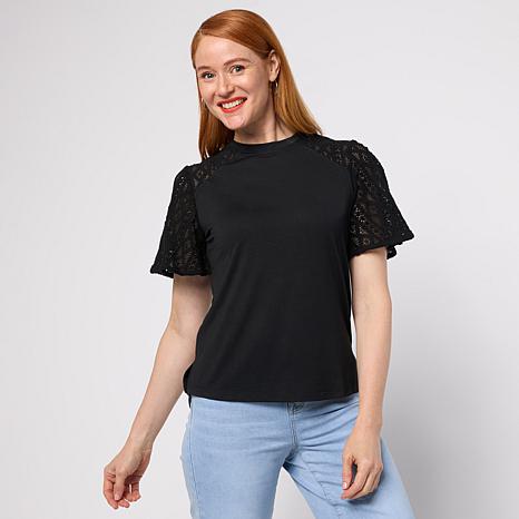 DG2 by Diane Gilman Everyday Jersey Lace Flutter Sleeve Combo Tee - Black - Size 3X