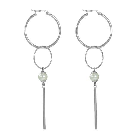 Stately Steel Double Hoop and Bead Drop Earrings - Metallic