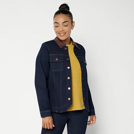 DG2 by Diane Gilman New Classic Stretch Faux Suede-Trimmed Denim Jacket - Yellow