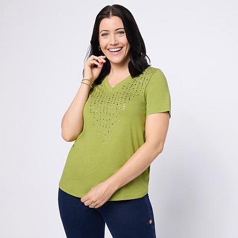 DG2 by Diane Gilman V-Neck Rhinestone Embellished Short-Sleeve Tee - Black