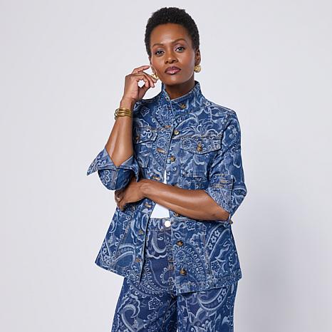 DG2 by Diane Gilman Stretch Jacquard Denim Safari Jacket - Blue - Size 3X