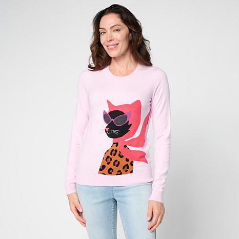 DG2 by Diane Gilman Softease Printed Crew Neck Sweater - Cafe Pup - Size Large