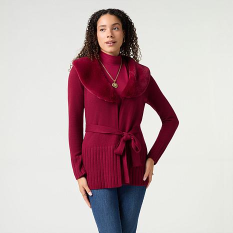 Nina Leonard Sweater Cardigan with Faux Fur Collar - Red - Size Large