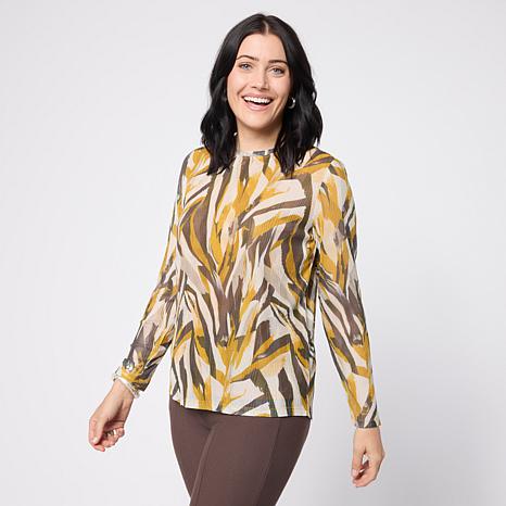 MarlaWynne WynneLayers Textured Mesh Long-Sleeve Crew-Neck Top - Fern Combo - Size X-Large