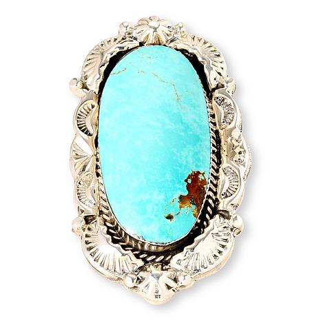 Chaco Canyon Sterling Silver Ceremonial Blue Turquoise Elongated Ring - Silver