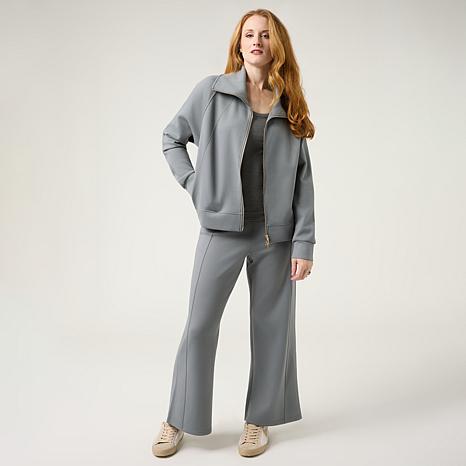 Joy Mangano Joy Performance Luxe Buttersoft 3pc Full Zip, Top & Pant Set - Silver Mist - Size Petite/Large