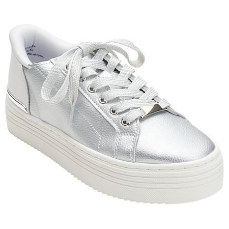Joy Mangano Joy Performance Easy-On Easy-Off Leather Platform Comfort Sneakers - Metallic - Size 9 1/2-w