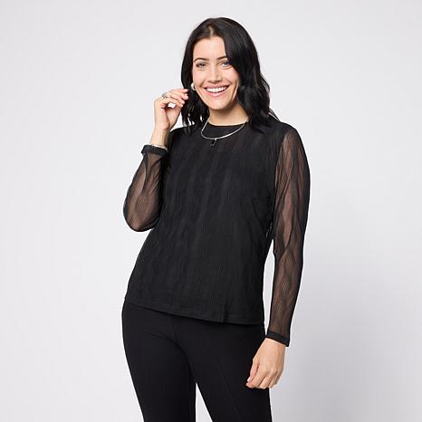 MarlaWynne WynneLayers Textured Mesh Long-Sleeve Crew-Neck Top - Pattern/Print - Size 2X