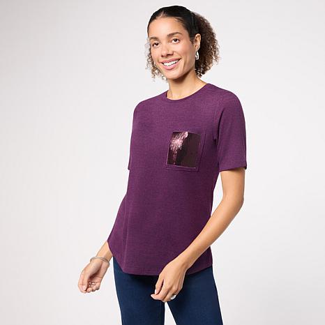DG2 by Diane Gilman Sequin Pocket Tee - Purple - Size Large