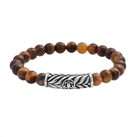 Stately Steel Men's Stainless Steel Gemstone Bead Stretch Bracelet - Brown