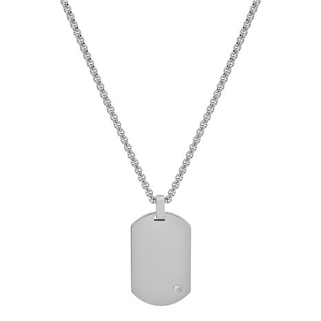 Geoffrey Beene Men's Stainless Steel CZ Dog Tag Pendant Necklace - Metallic
